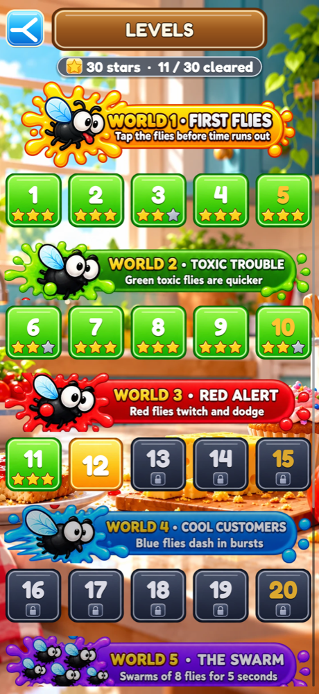 Level list with stars and six worlds