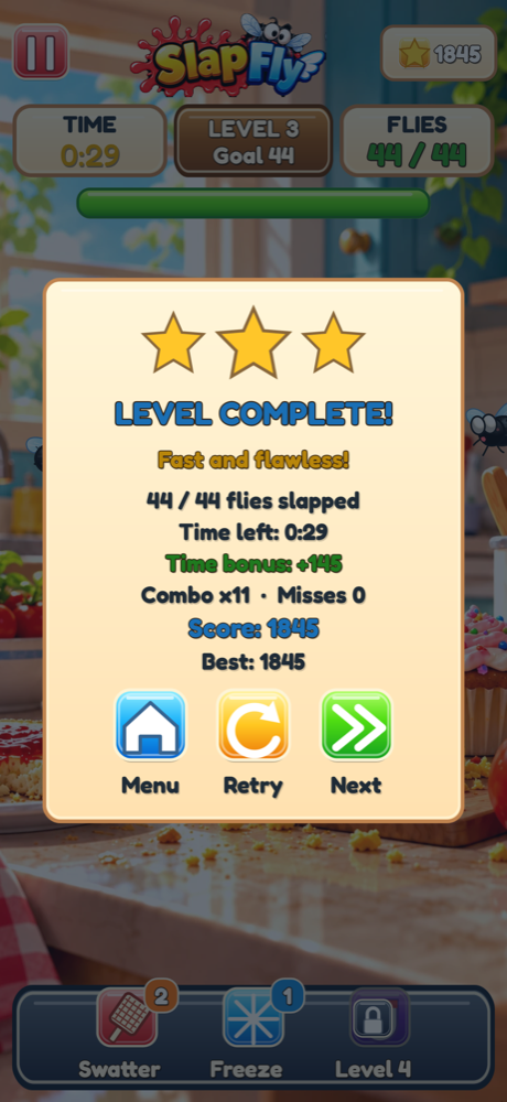 Level complete screen with three stars